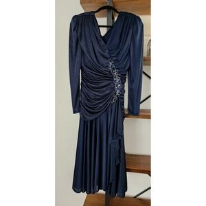 Filigree LTD Collection Navy Blue Ruched Vintage 80s Dress Sz S Cocktail Evening